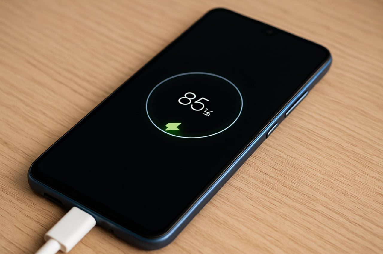 Ilustrasi smartphone Android dengan layar gelap dan mode hemat baterai aktif di tahun 2025