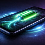 AI battery management 2025 pada smartphone dengan visual aliran energi pintar